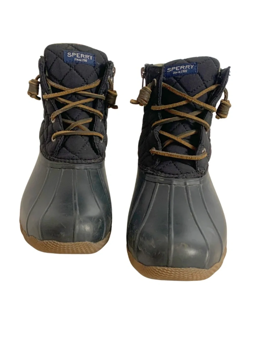 Sperry Black Quilted Rain Duck Boots Brown Sole and Tan Laces Womens 7.5 Outdoor